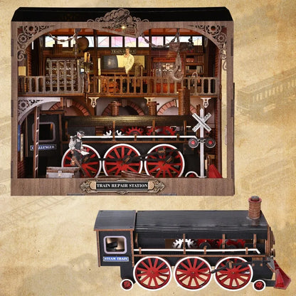 3D Holz Puzzle Book Nook - Estación de Reparación de Trenes
