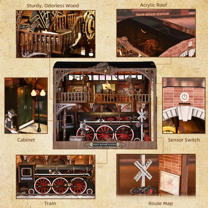 3D Holz Puzzle Book Nook - Estación de Reparación de Trenes