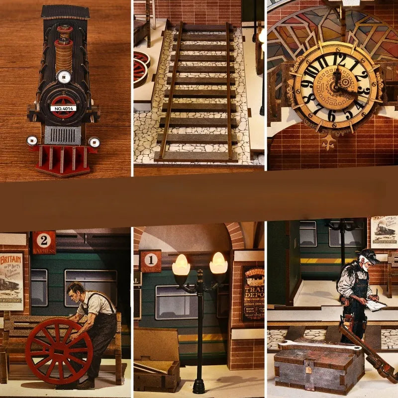 3D Holz Puzzle Book Nook - Estación de Reparación de Trenes